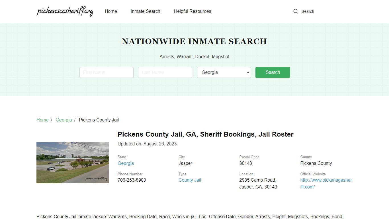 Pickens County Jail, GA, Sheriff Bookings, Jail Roster